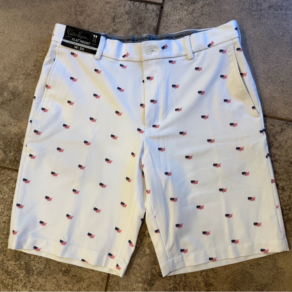 NEW W 34 Walter Hagen White Flat Front Dry Fit Golf Shorts USA American Flag $70